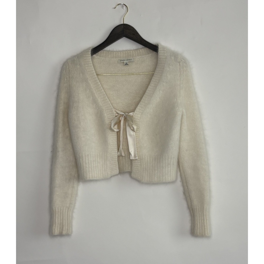 Vtg Y2K Banana Republic Ivory Angora Rabbit Hair Wool Blend Tie Cardigan Sweater